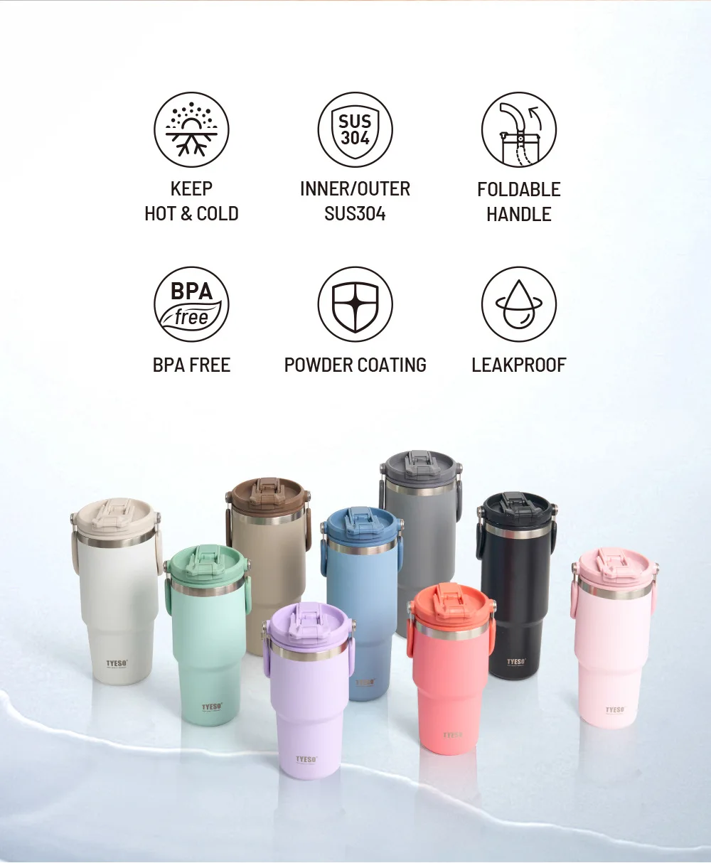Tyeso Large-Capacity Thermoses Handle Vacuum Cup Dual-Drink Coffee Mug Stainless Steel Ice Cup Car Bottle Hot Cold Retention