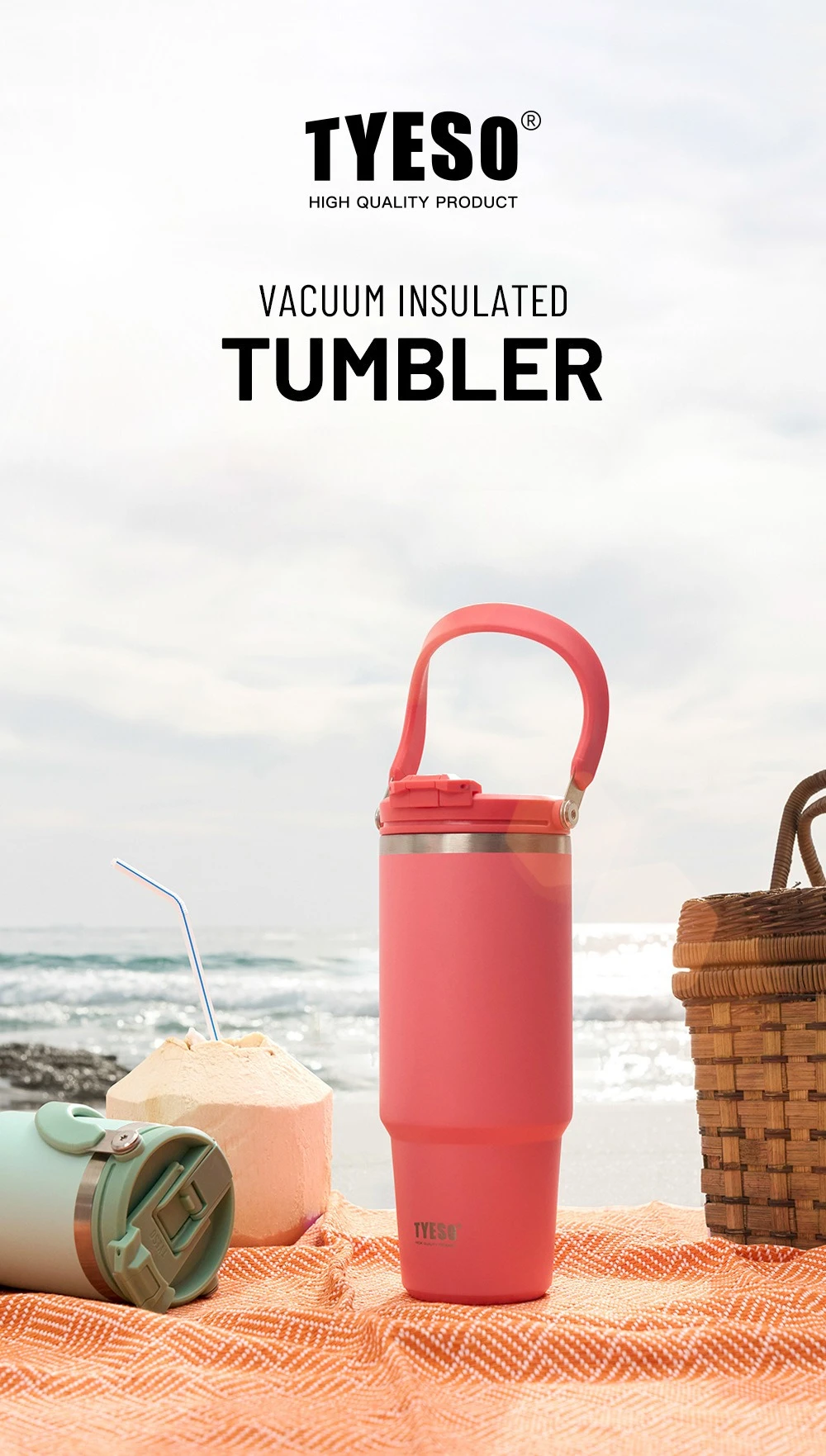 Tyeso Large-Capacity Thermoses Handle Vacuum Cup Dual-Drink Coffee Mug Stainless Steel Ice Cup Car Bottle Hot Cold Retention