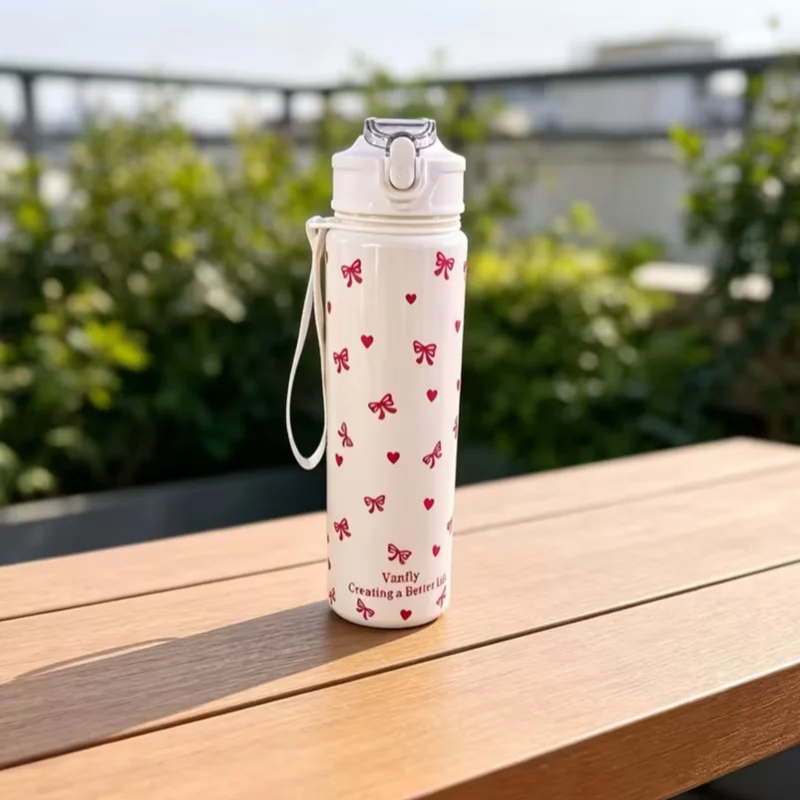 750ML Cute Strawberry Cherry Flower Bowknot Printed Tumbler with Pure White Base, High-Value Straw Cup for Sports