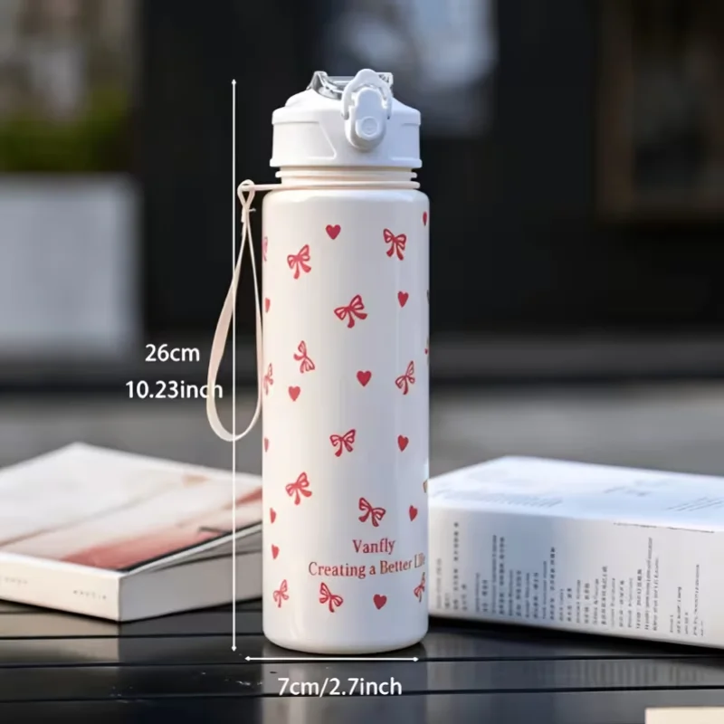 750ML Cute Strawberry Cherry Flower Bowknot Printed Tumbler with Pure White Base, High-Value Straw Cup for Sports