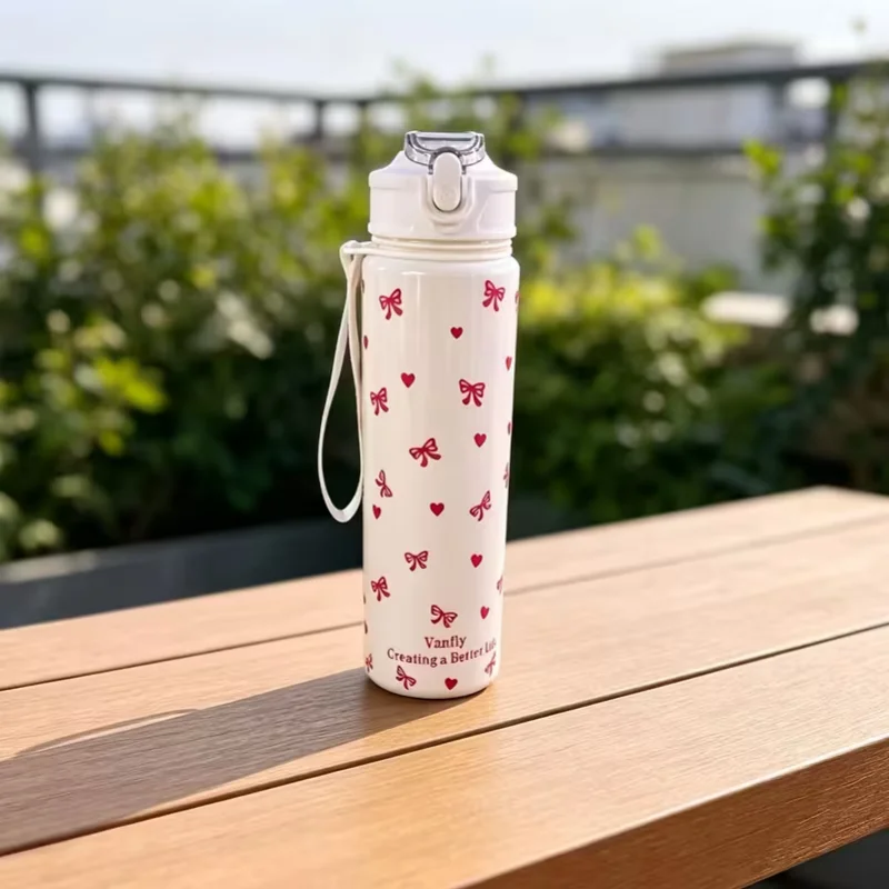 750ML Cute Strawberry Cherry Flower Bowknot Printed Tumbler with Pure White Base, High-Value Straw Cup for Sports