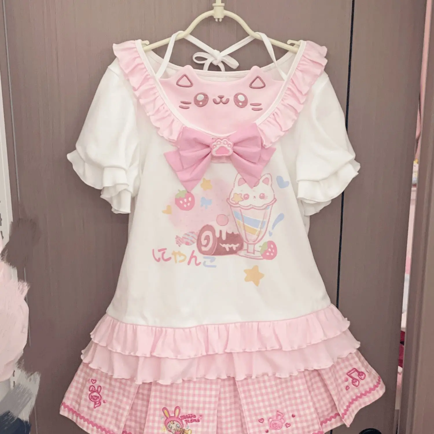 Japanese Sweet Kawaii Cat Print T-shirt Women Summer Cute Bow Ice Cream Ruffle Tiered Blouse Harajuku Y2K Casual Coquette Top