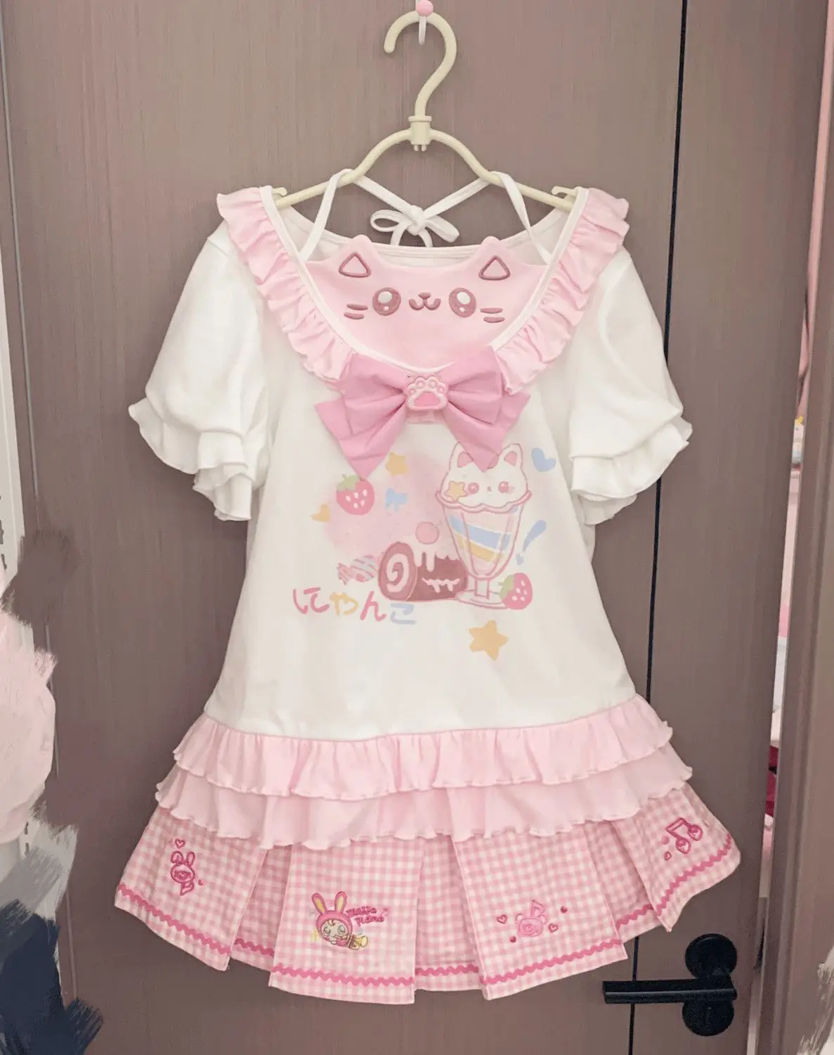 Japanese Sweet Kawaii Cat Print T-shirt Women Summer Cute Bow Ice Cream Ruffle Tiered Blouse Harajuku Y2K Casual Coquette Top