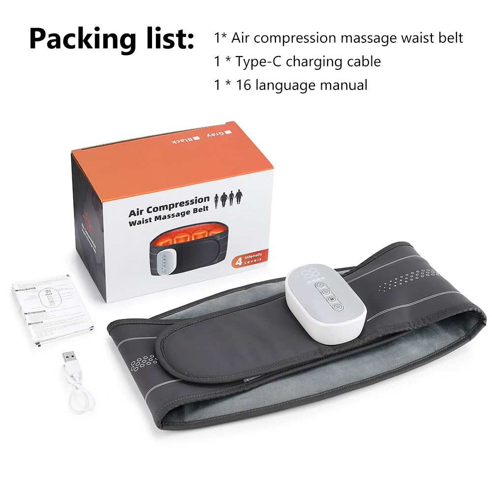 Lumbar Massager Belt, Heated Airbag Waist Support, Cordless Lower Back Wrap, 3 Modes 4 Heat Levels 4 Intensities, USB-C for Home