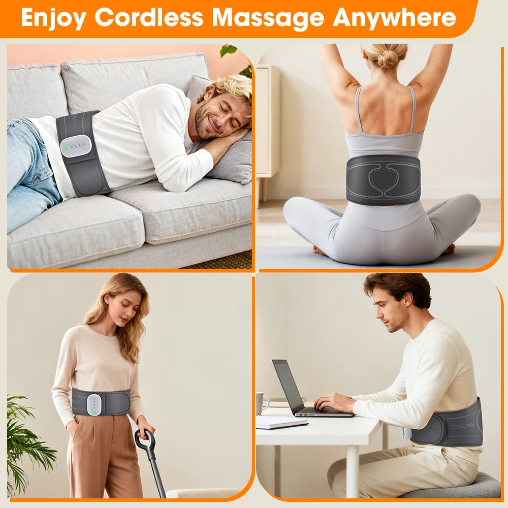 Lumbar Massager Belt, Heated Airbag Waist Support, Cordless Lower Back Wrap, 3 Modes 4 Heat Levels 4 Intensities, USB-C for Home