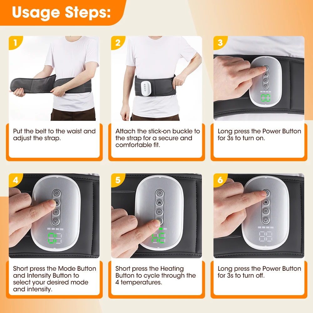 Lumbar Massager Belt, Heated Airbag Waist Support, Cordless Lower Back Wrap, 3 Modes 4 Heat Levels 4 Intensities, USB-C for Home