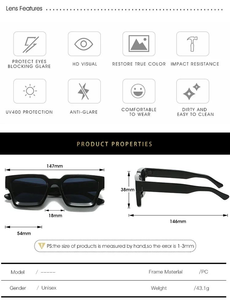 Unisex Plastic Fashion Square Frame Sunglasses For Street Photography And Beach Trips Driving Accessories
