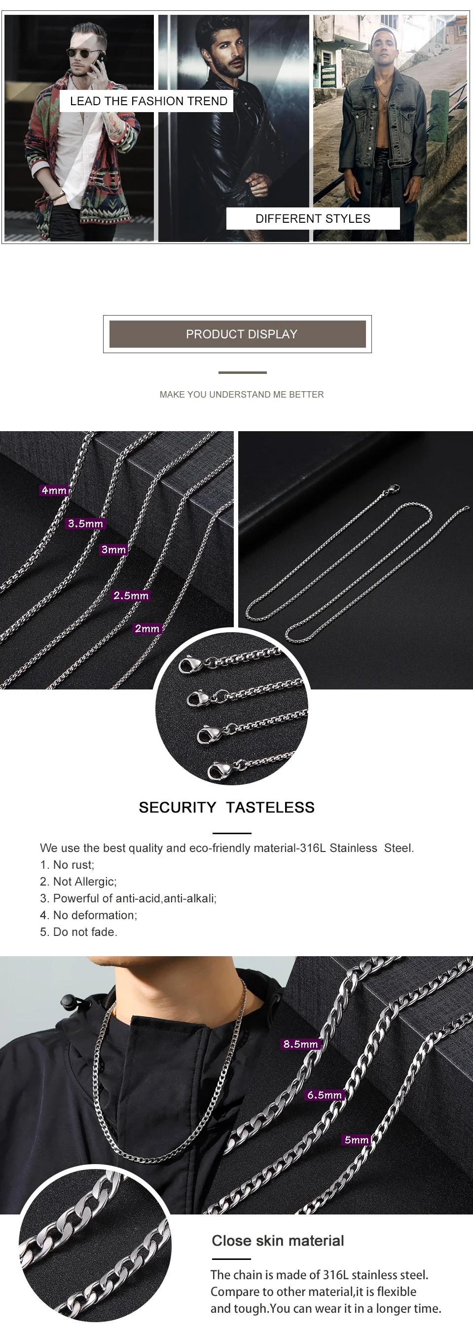 My Shape 3mm-10mm Cuban Chain Stainless Steel Necklaces for Men Male Chains Figaro Box Chain Choker Punk Jewelry 45cm 50cm 60cm