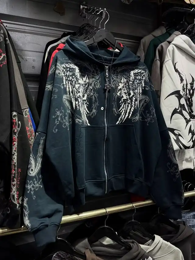 Mens Zip Up Hoodie Dark Blue Wings Print Unique Graphic Y2K Streetwear American Urban Pullover Youth Clothing Hooded Sweatshirt