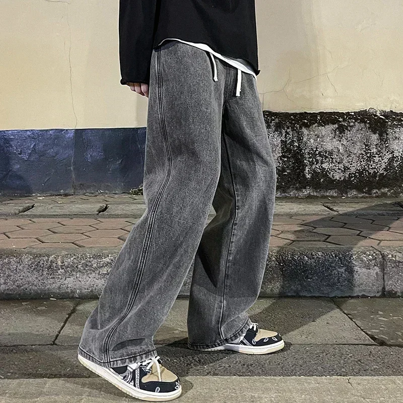 New Streetwear Loose Jeans Men Korean Style Fashion Loose Straight Wide Leg Pants Men's Brand Clothing Black Light Blue