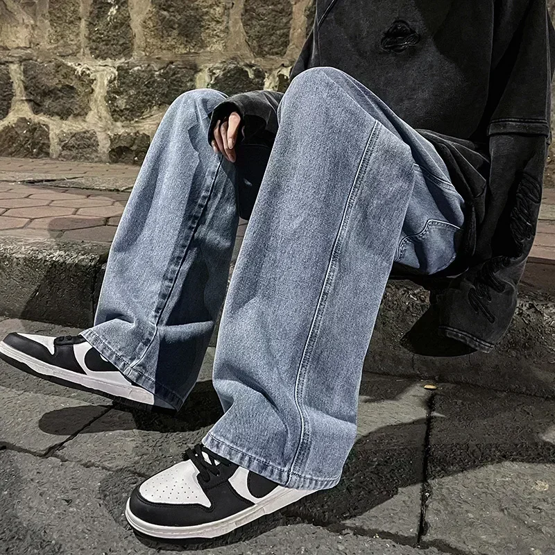 New Streetwear Loose Jeans Men Korean Style Fashion Loose Straight Wide Leg Pants Men's Brand Clothing Black Light Blue