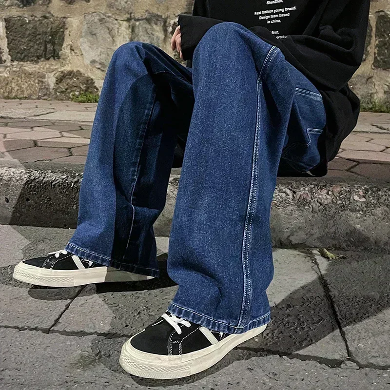 New Streetwear Loose Jeans Men Korean Style Fashion Loose Straight Wide Leg Pants Men's Brand Clothing Black Light Blue