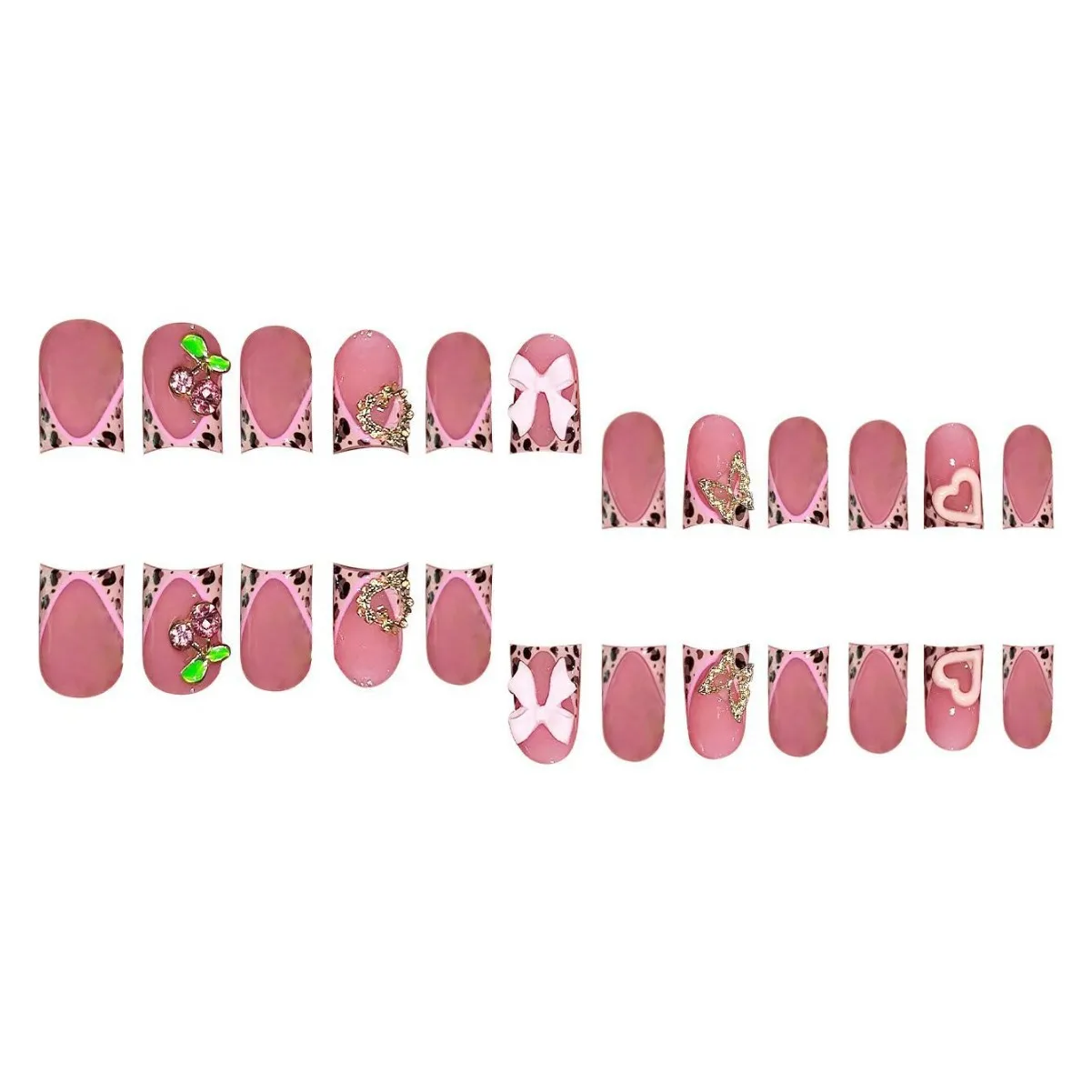 24pcs Nude Pink Sweet Fake Nails Short Duckbill Leopard Print French False Nails With 3D Bowknots Butterfly Cherry Press On Nail