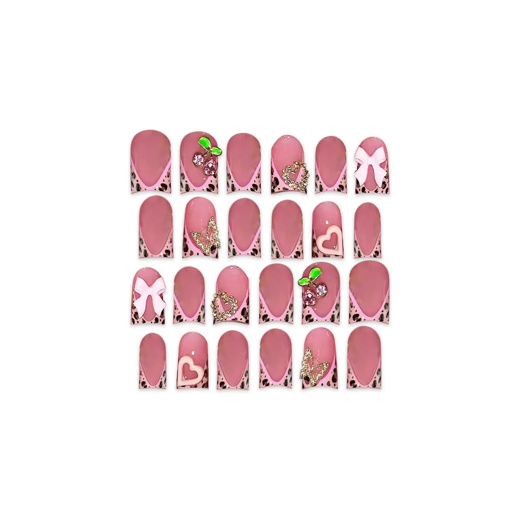 24pcs Nude Pink Sweet Fake Nails Short Duckbill Leopard Print French False Nails With 3D Bowknots Butterfly Cherry Press On Nail