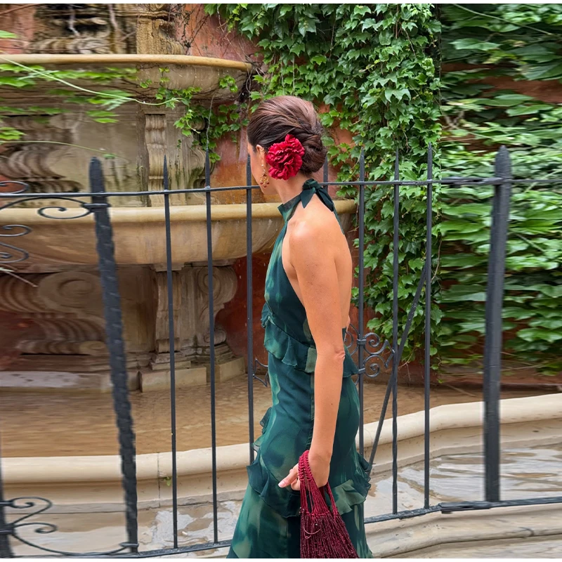 Hollow-out Halter Maxi Dresses Women Sleeveless Backless Waist-cinching Ruffles Dress 2026 New Ladies Summer Party Evening Robe