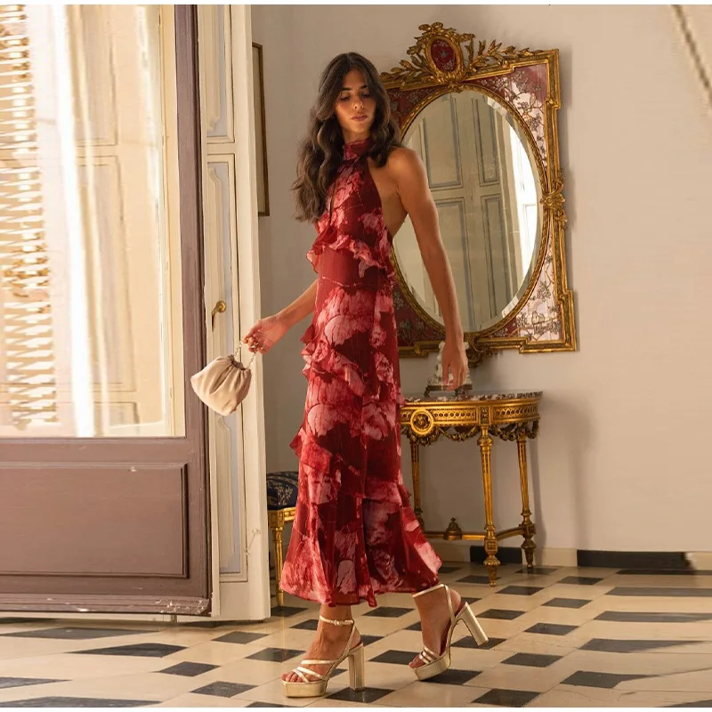 Hollow-out Halter Maxi Dresses Women Sleeveless Backless Waist-cinching Ruffles Dress 2026 New Ladies Summer Party Evening Robe