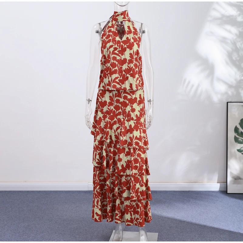 Hollow-out Halter Maxi Dresses Women Sleeveless Backless Waist-cinching Ruffles Dress 2026 New Ladies Summer Party Evening Robe