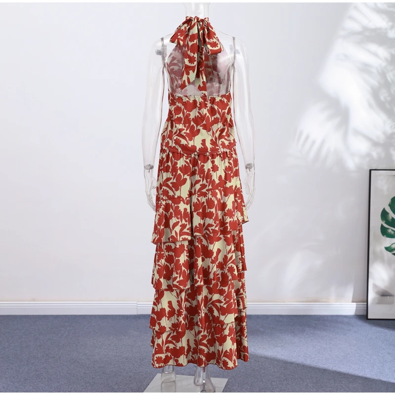 Hollow-out Halter Maxi Dresses Women Sleeveless Backless Waist-cinching Ruffles Dress 2026 New Ladies Summer Party Evening Robe