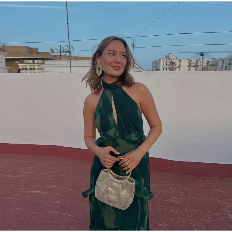Hollow-out Halter Maxi Dresses Women Sleeveless Backless Waist-cinching Ruffles Dress 2026 New Ladies Summer Party Evening Robe