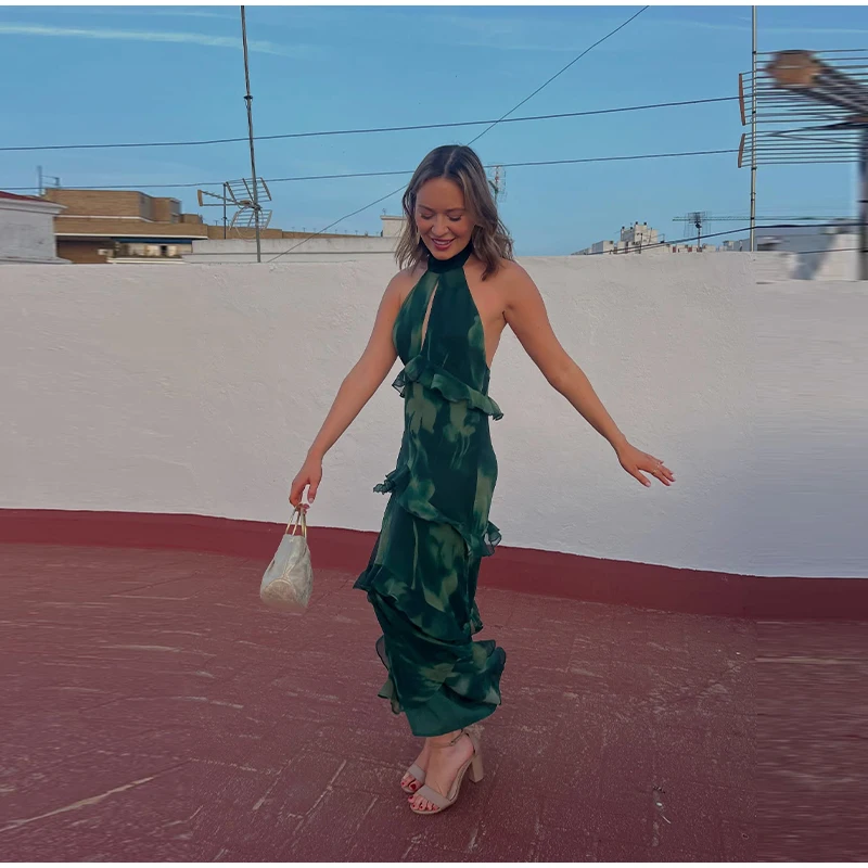 Hollow-out Halter Maxi Dresses Women Sleeveless Backless Waist-cinching Ruffles Dress 2026 New Ladies Summer Party Evening Robe