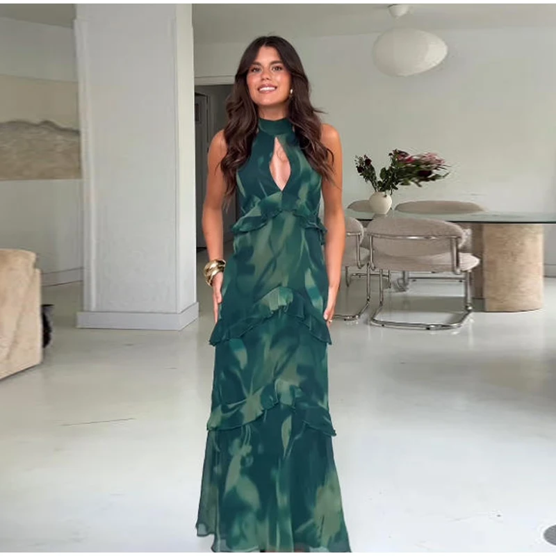 Hollow-out Halter Maxi Dresses Women Sleeveless Backless Waist-cinching Ruffles Dress 2026 New Ladies Summer Party Evening Robe
