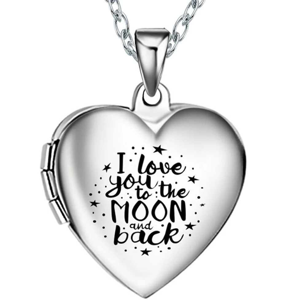 Stainless Steel I Love You to The Moon and Back Photo Memory Locket Heart Pendants Necklace Pictures Locket Jewelry for Women