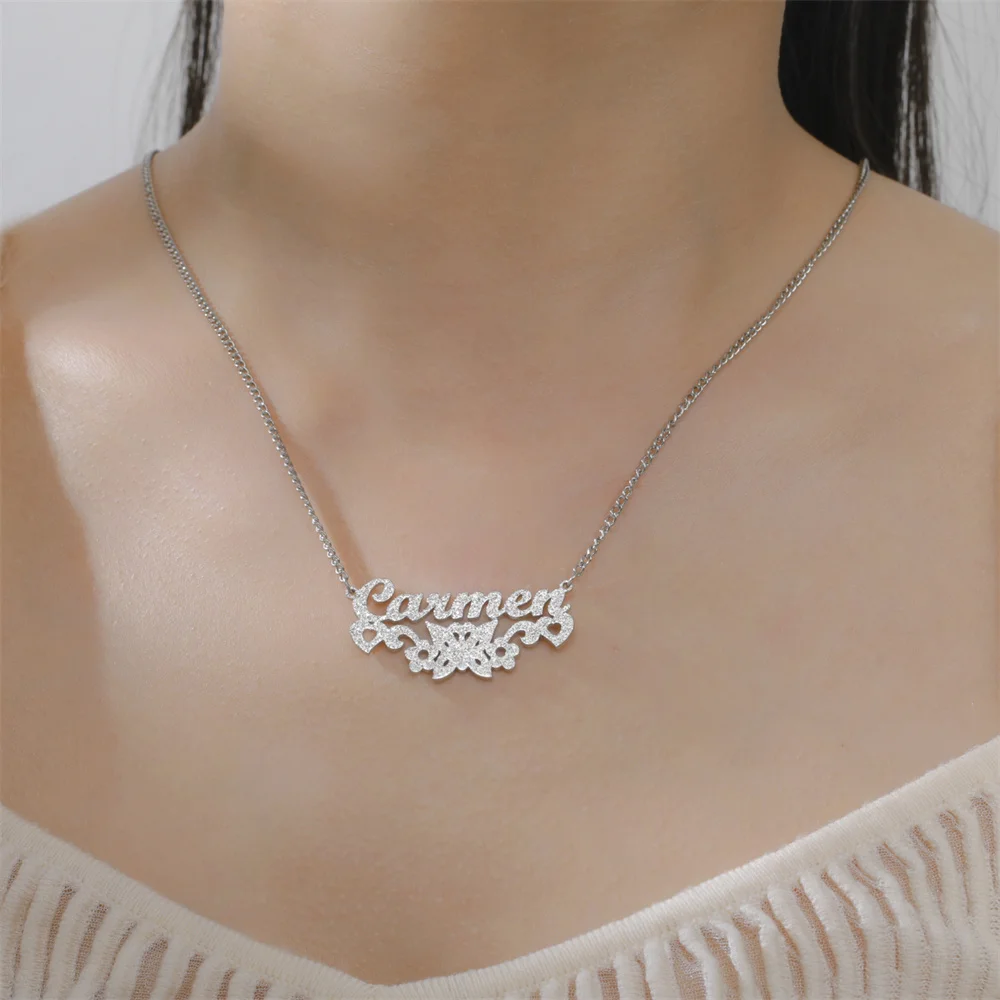 My Shape Custom Name Sparkling Necklaces Stainless Steel Customized Bling Frosted Pendants Personalized Name Chain Jewelry Gifts