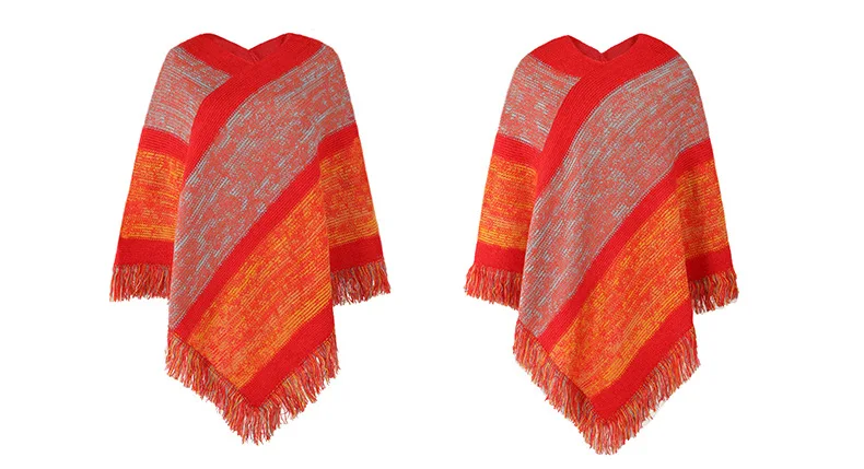 Autumn Winter Batwing Sleeve Rainbow Striped Poncho Women Fashion Sweater Cloak 2025 New Pullover Shawl Female Tassel Cape