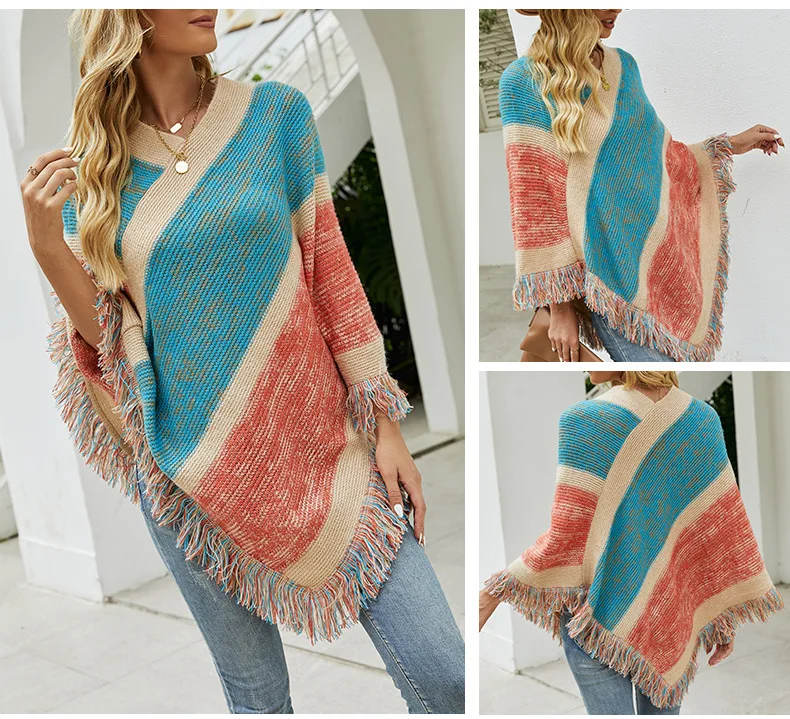 Autumn Winter Batwing Sleeve Rainbow Striped Poncho Women Fashion Sweater Cloak 2025 New Pullover Shawl Female Tassel Cape