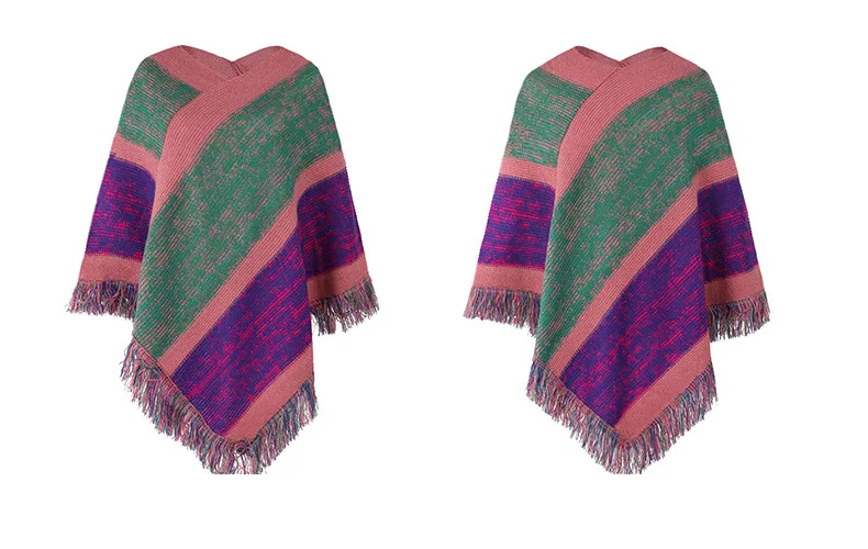 Autumn Winter Batwing Sleeve Rainbow Striped Poncho Women Fashion Sweater Cloak 2025 New Pullover Shawl Female Tassel Cape