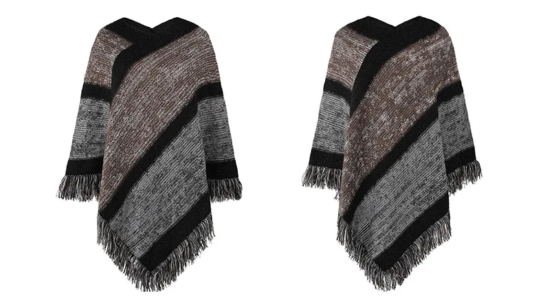 Autumn Winter Batwing Sleeve Rainbow Striped Poncho Women Fashion Sweater Cloak 2025 New Pullover Shawl Female Tassel Cape