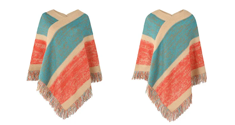 Autumn Winter Batwing Sleeve Rainbow Striped Poncho Women Fashion Sweater Cloak 2025 New Pullover Shawl Female Tassel Cape