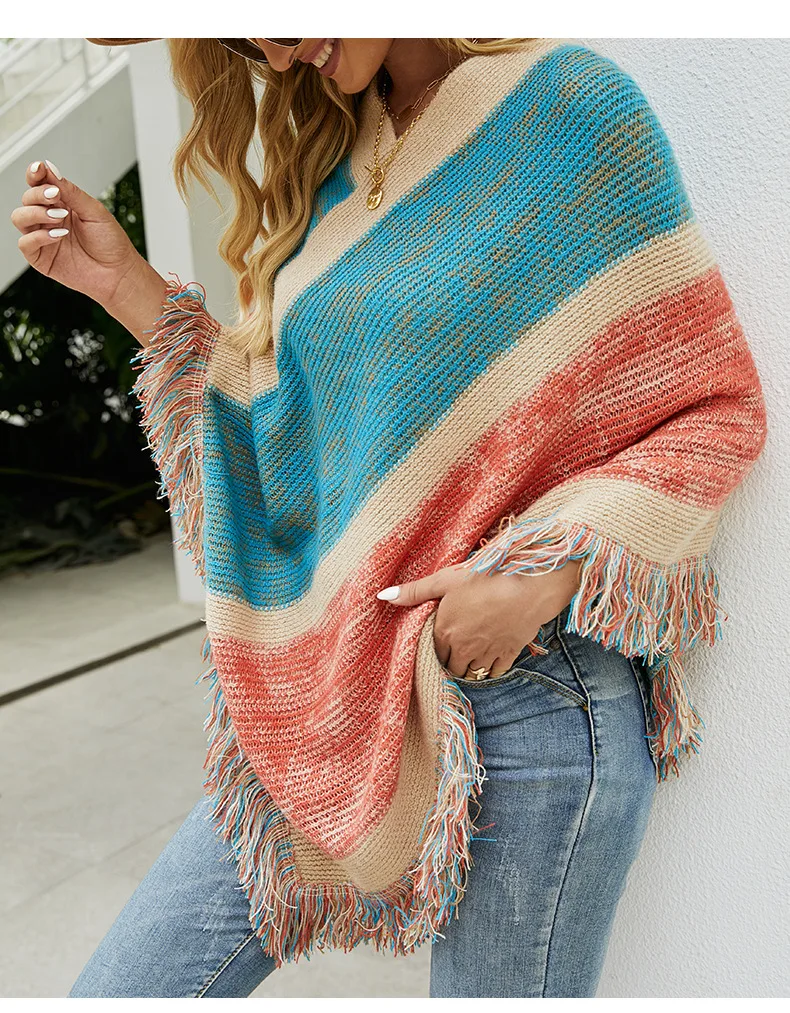 Autumn Winter Batwing Sleeve Rainbow Striped Poncho Women Fashion Sweater Cloak 2025 New Pullover Shawl Female Tassel Cape