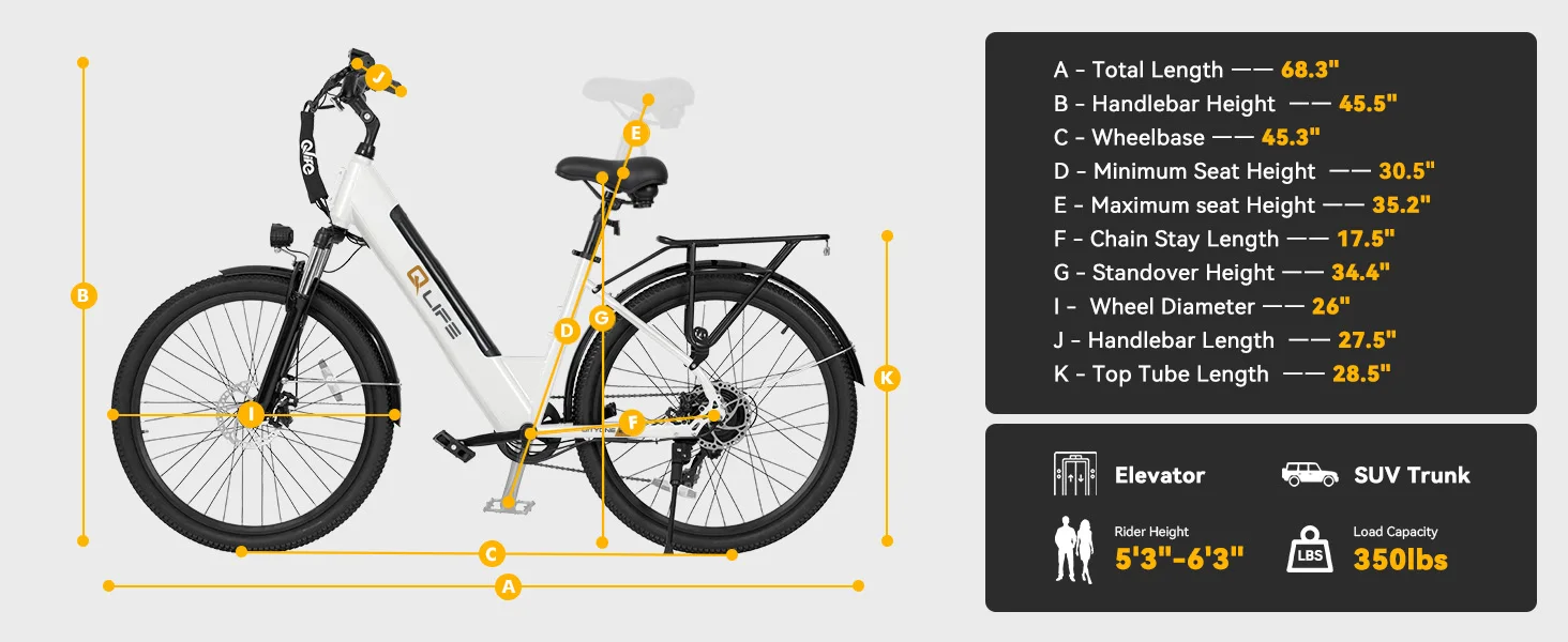 Qlife Cityone ST 2.0  26" Electric Bike for Adults, 1200W Peak Motor 48V 10.4Ah Battery, 28MPH 55 Miles, 7-Speed Electric Bicycle with Front Suspension