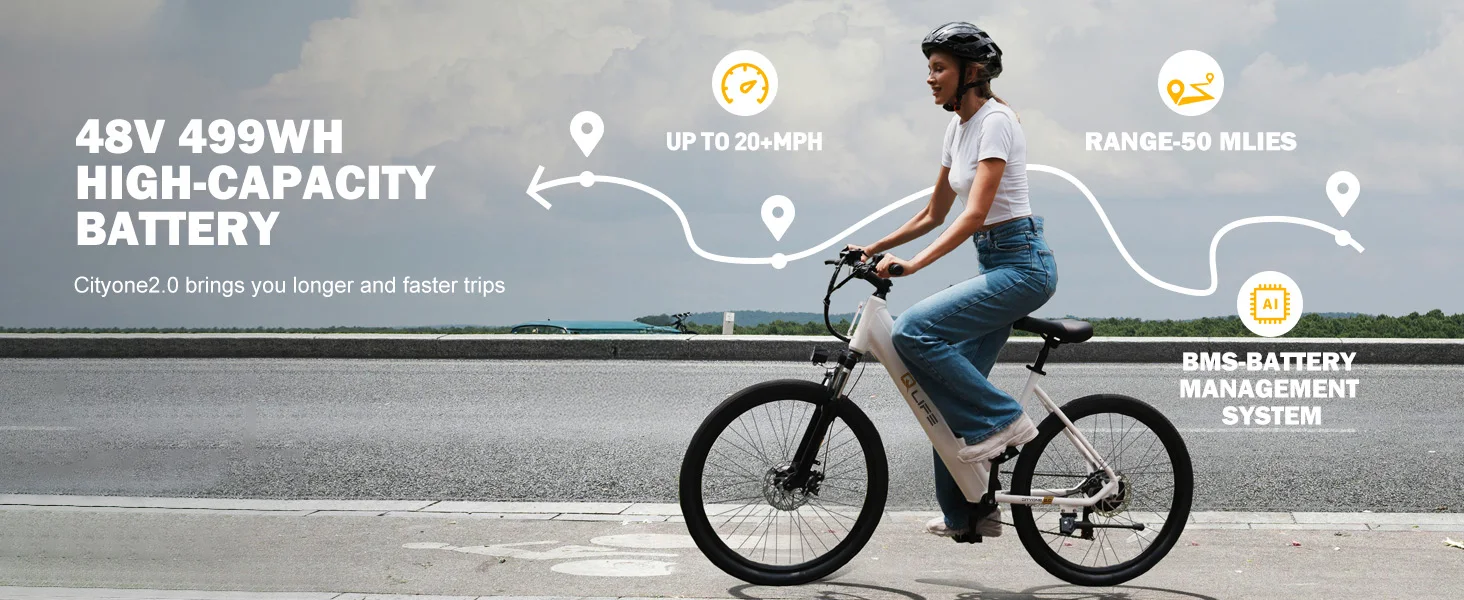 Qlife Cityone ST 2.0  26" Electric Bike for Adults, 1200W Peak Motor 48V 10.4Ah Battery, 28MPH 55 Miles, 7-Speed Electric Bicycle with Front Suspension