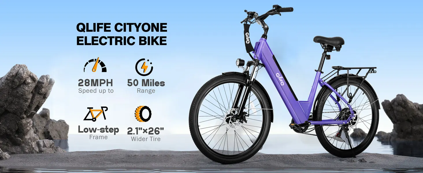 Qlife Cityone ST 2.0  26" Electric Bike for Adults, 1200W Peak Motor 48V 10.4Ah Battery, 28MPH 55 Miles, 7-Speed Electric Bicycle with Front Suspension