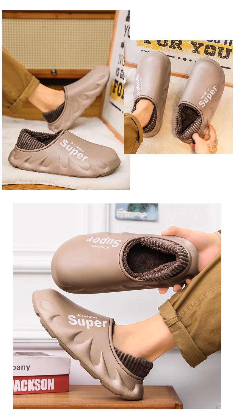 Women Men Winter Warm EVA Soft Sole Waterproof Slides Slippers Slip On Scuff Clogs Short Plush Platform House Shoes Indoor