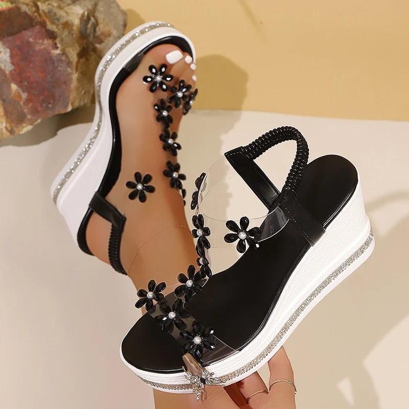 Elegant Rhinestones Flowers Sandals Women Fashion Crystal Chunky Platform Sandles Woman Slip On Wedge High Heels Sandalias Mujer
