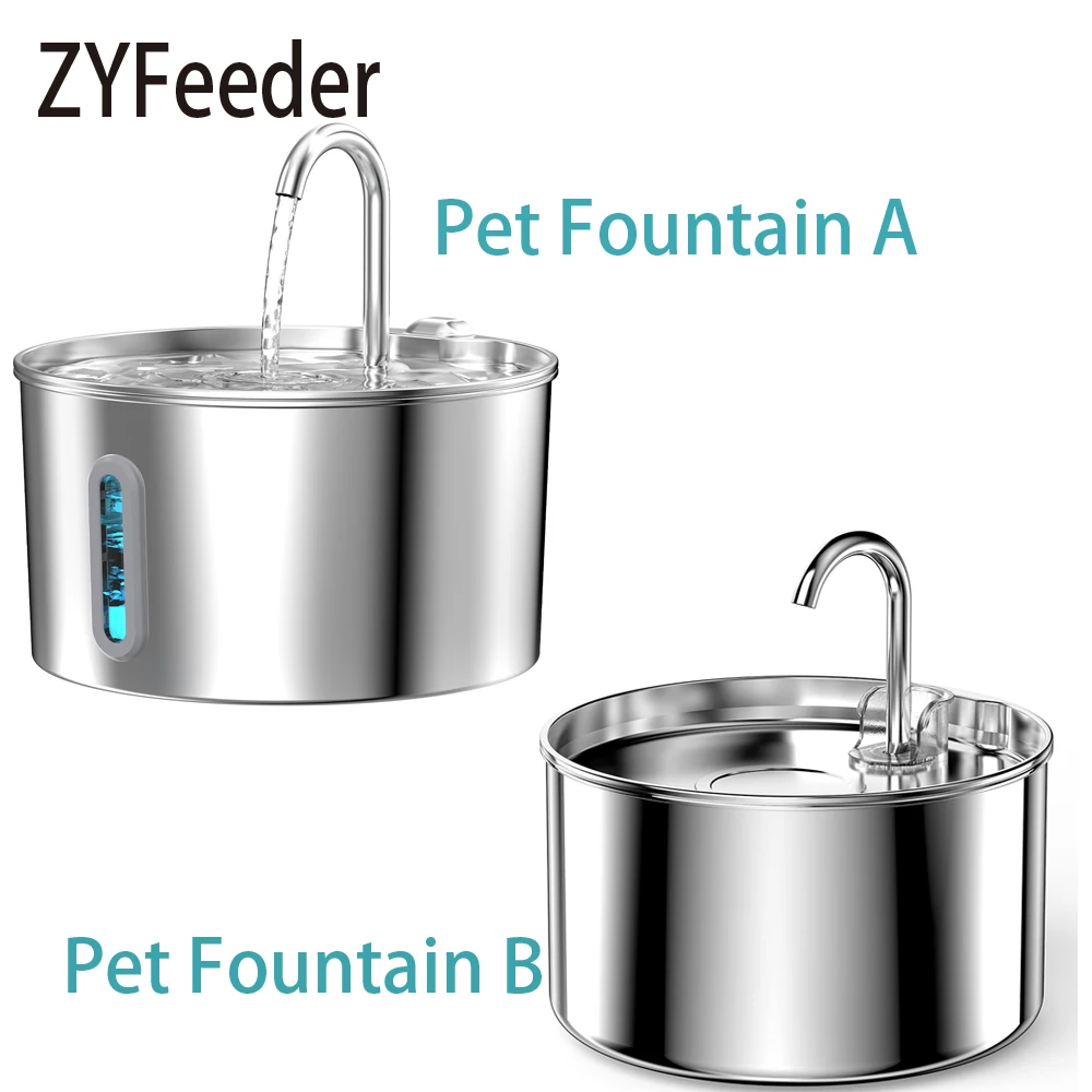 ZYFeeder 2.2L Automatic Cat Water Fountain Square Stainless Steel Bowl Pet Water Feeder Dog Water Fountain Silent(No 5V 1A Plug)