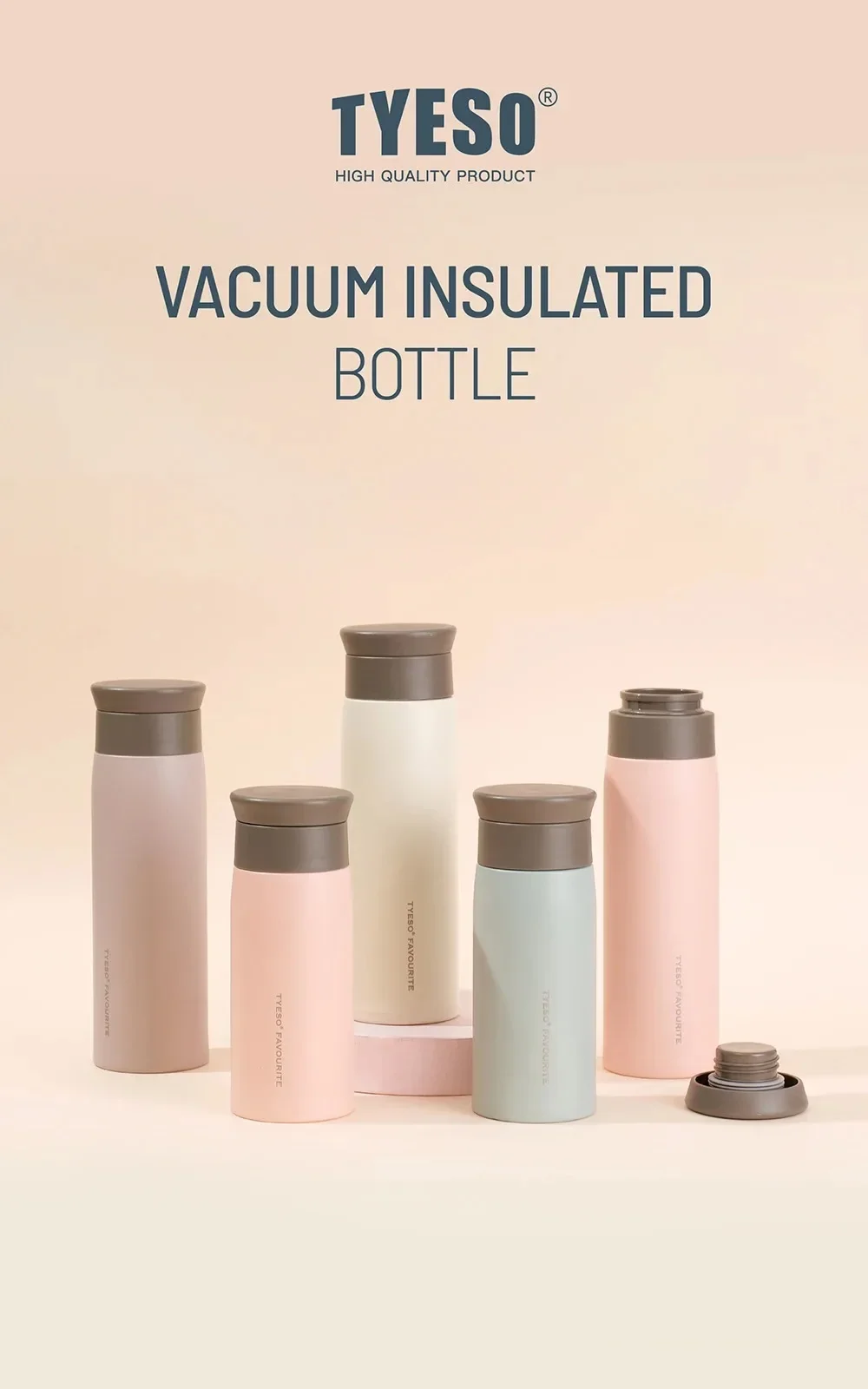 350/500ML Tyeso Stainless Steel Insulated Water Bottle Simple Round Shoulder Travel Mug Portable Frosted Ins Style Design