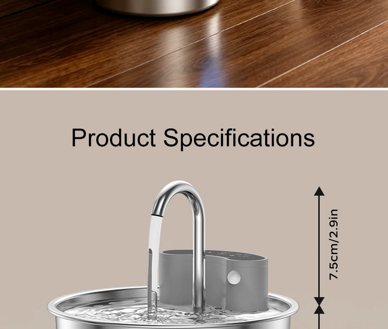 Smart Cordless Cat Water Fountain with 304 Stainless Steel 2.2L Capacity Pet Water Dispenser Automatic Feeder for Cats And Do