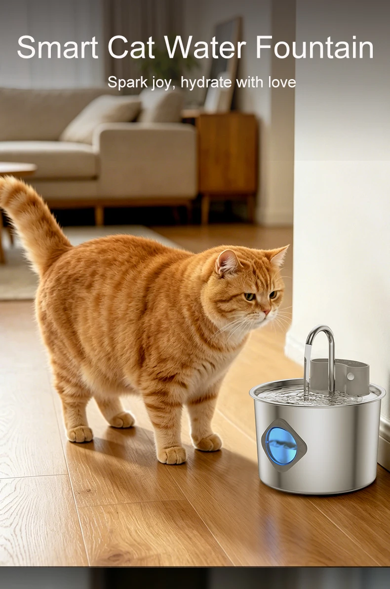 Smart Cordless Cat Water Fountain with 304 Stainless Steel 2.2L Capacity Pet Water Dispenser Automatic Feeder for Cats And Do