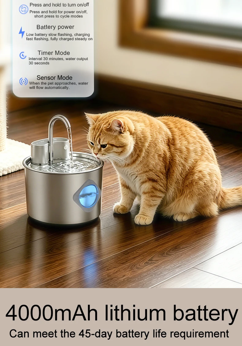 Smart Cordless Cat Water Fountain with 304 Stainless Steel 2.2L Capacity Pet Water Dispenser Automatic Feeder for Cats And Do