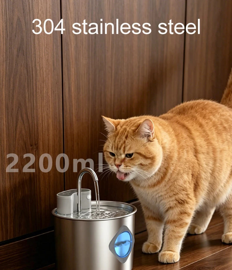 Smart Cordless Cat Water Fountain with 304 Stainless Steel 2.2L Capacity Pet Water Dispenser Automatic Feeder for Cats And Do
