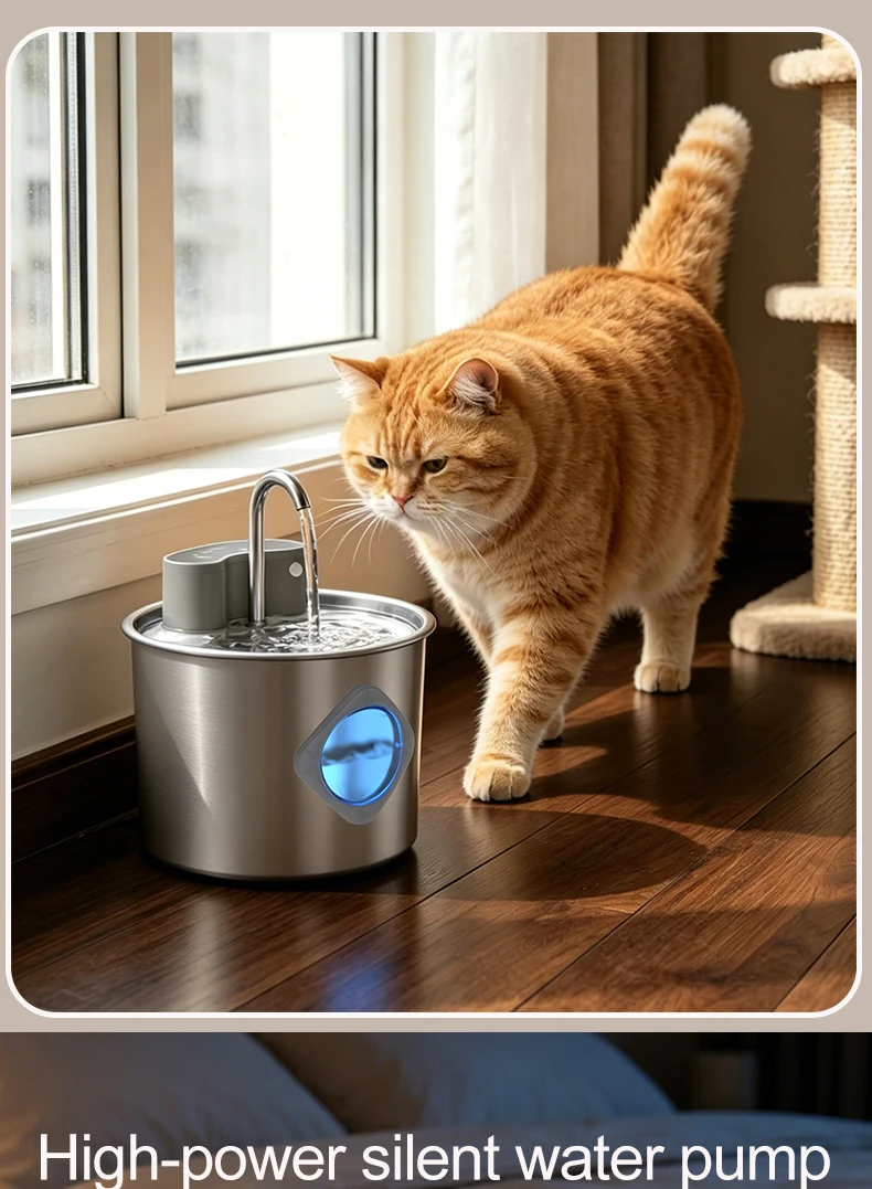 Smart Cordless Cat Water Fountain with 304 Stainless Steel 2.2L Capacity Pet Water Dispenser Automatic Feeder for Cats And Do