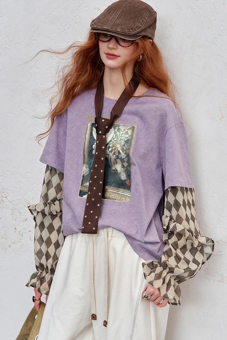 ELFSACK Y2K Long Sleeve Top Women Romantic Loose Round Neck Long Sleeve T-Shirt Fake Two-Piece Ruffle Sleeve Cute Print Top
