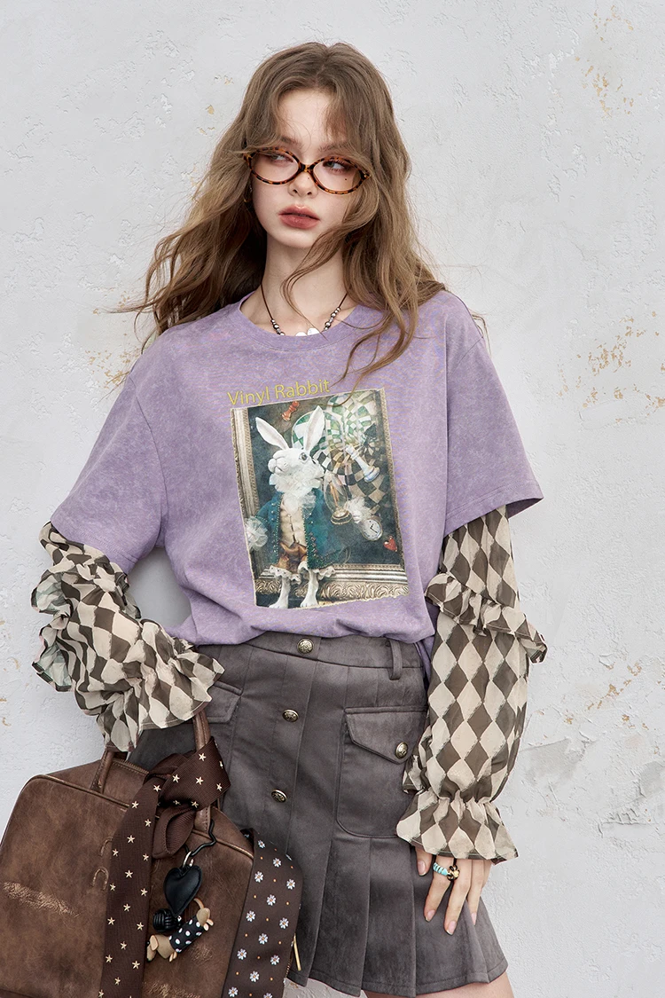 ELFSACK Y2K Long Sleeve Top Women Romantic Loose Round Neck Long Sleeve T-Shirt Fake Two-Piece Ruffle Sleeve Cute Print Top