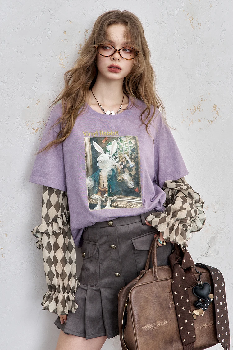 ELFSACK Y2K Long Sleeve Top Women Romantic Loose Round Neck Long Sleeve T-Shirt Fake Two-Piece Ruffle Sleeve Cute Print Top