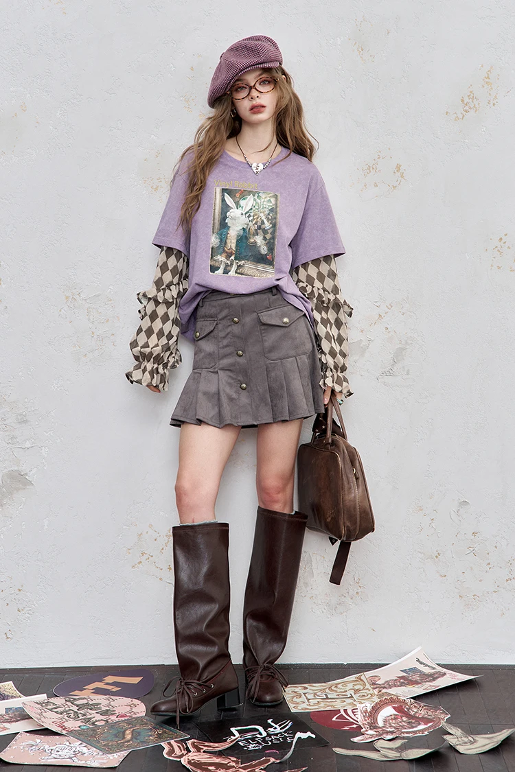 ELFSACK Y2K Long Sleeve Top Women Romantic Loose Round Neck Long Sleeve T-Shirt Fake Two-Piece Ruffle Sleeve Cute Print Top