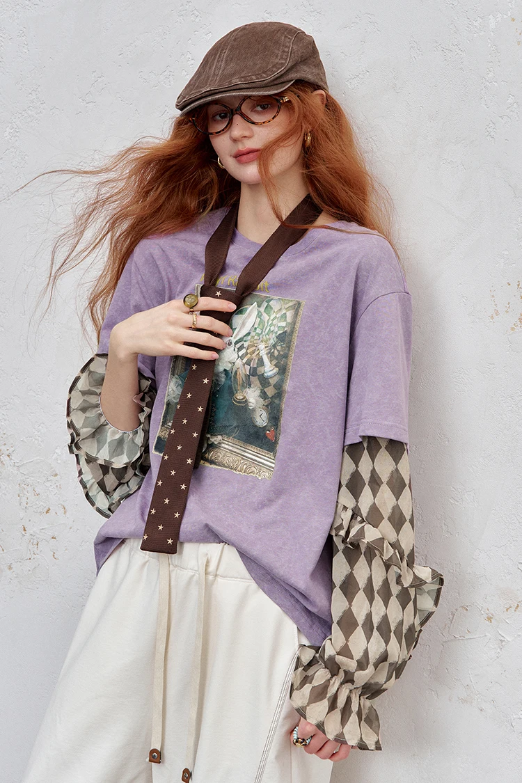 ELFSACK Y2K Long Sleeve Top Women Romantic Loose Round Neck Long Sleeve T-Shirt Fake Two-Piece Ruffle Sleeve Cute Print Top